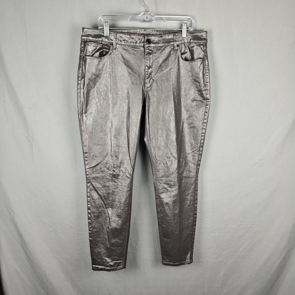 White House Black Market Pants Womens 14 Silver The Skinny Ankle Metallic Coated - Picture 1 of 16